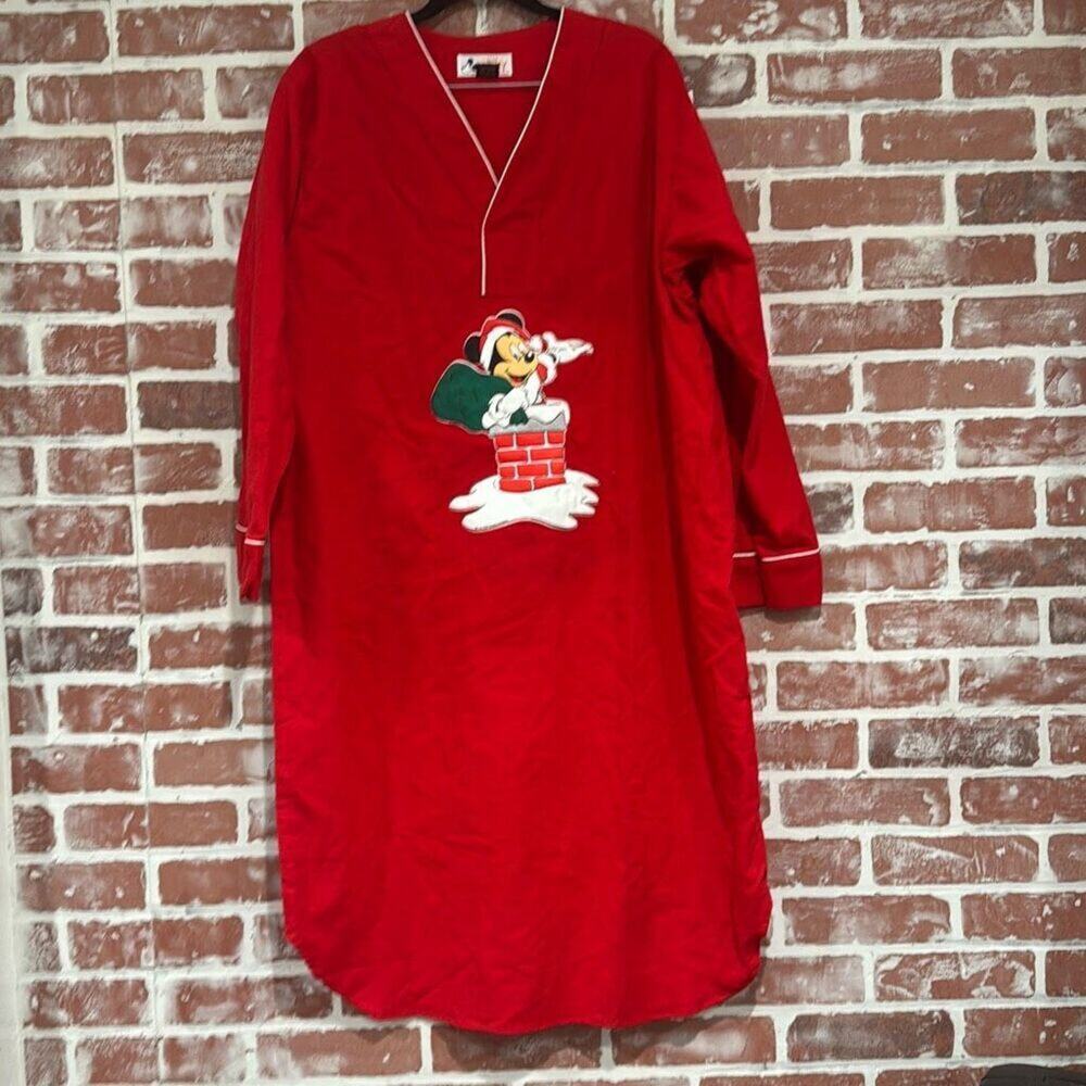 Disney Vintage Red Flannel Mickey Mouse Puff Print PJ Nightgown Size S/M